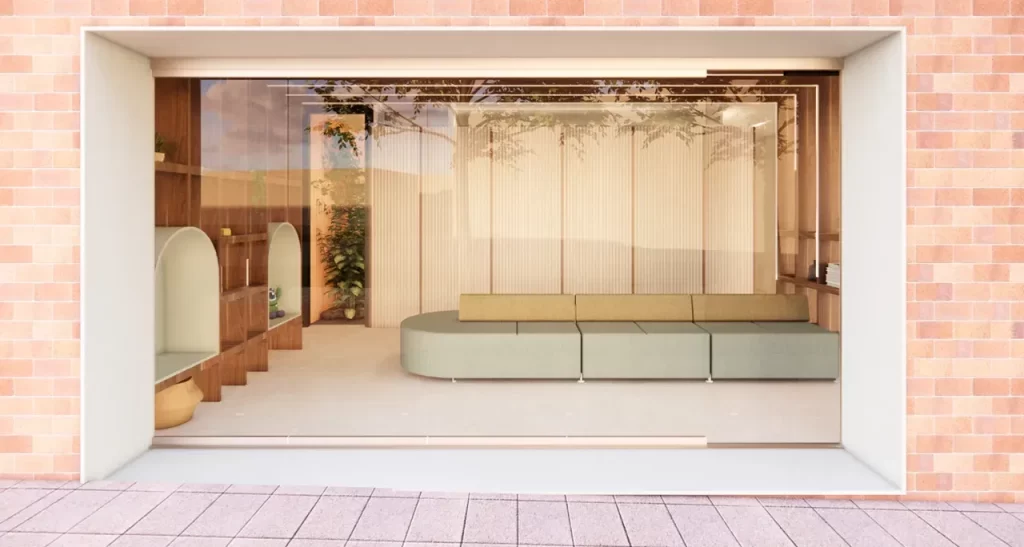 Renderizado de una sala de espera clínica que utiliza el contraste de blancos, maderas y luz natural para generar una sensación de serenidad y orden